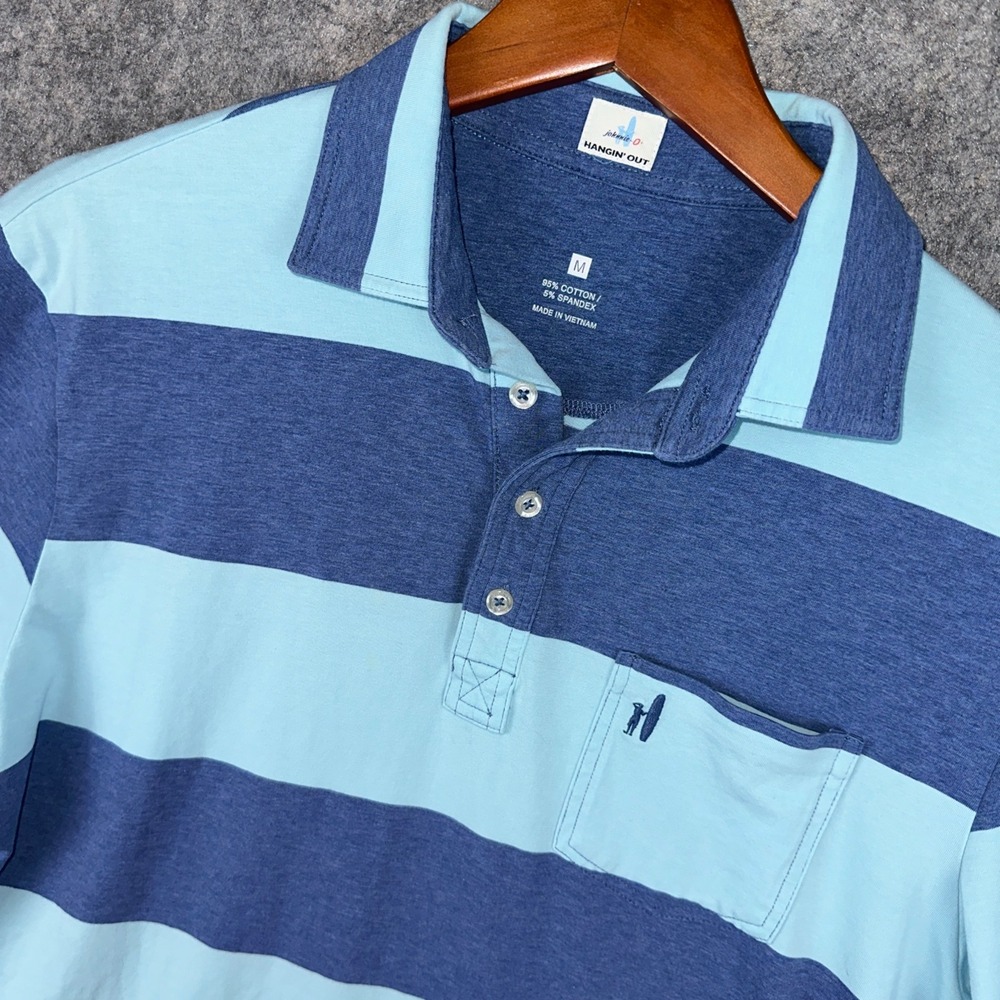 johnnie-O Polo Shirt Mens M Blue Striped Hangin Out Short Sleeve Pocket Cotton